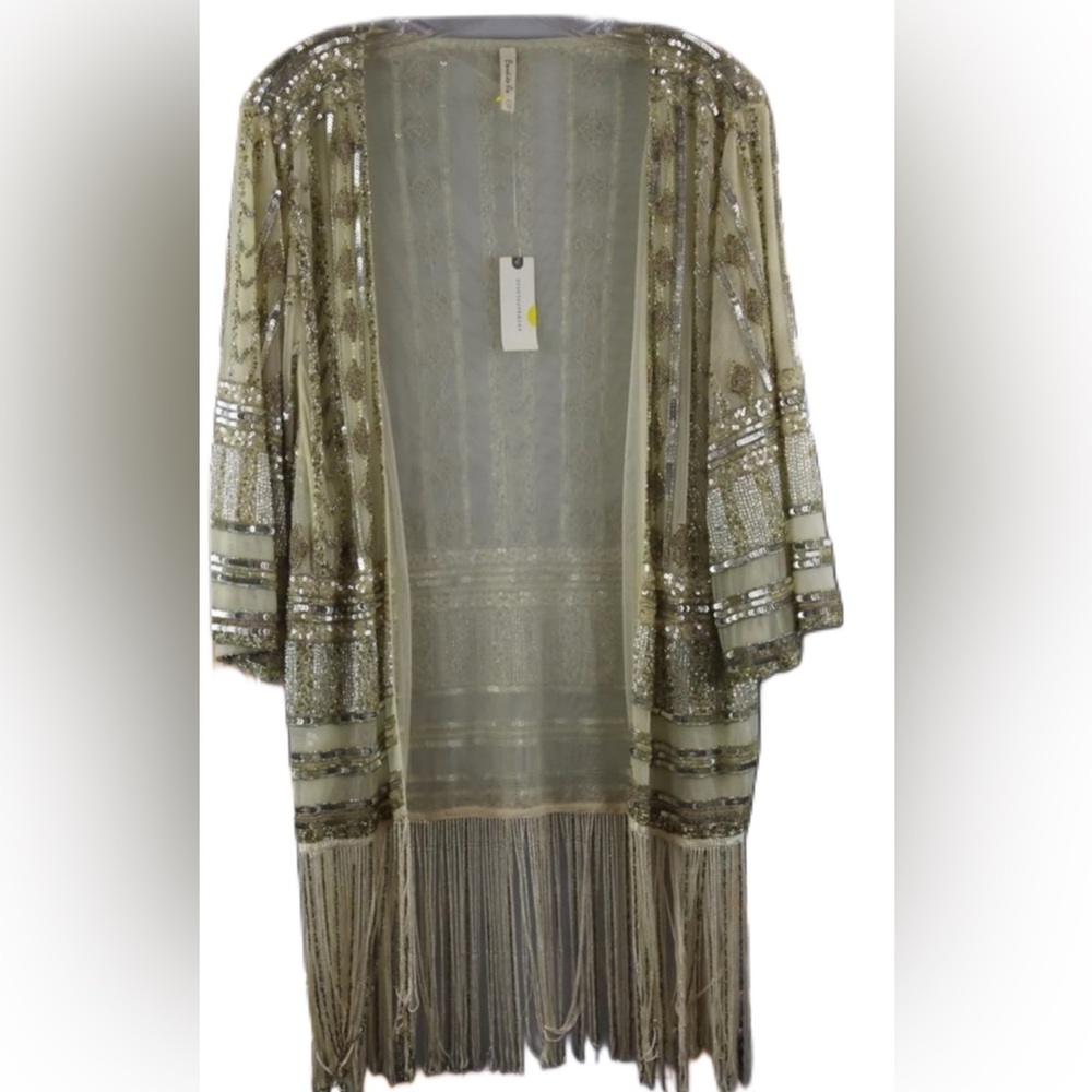 Anthropologie Women's Gold Sequin Fringe Sheer Fashion Cardigan sz L